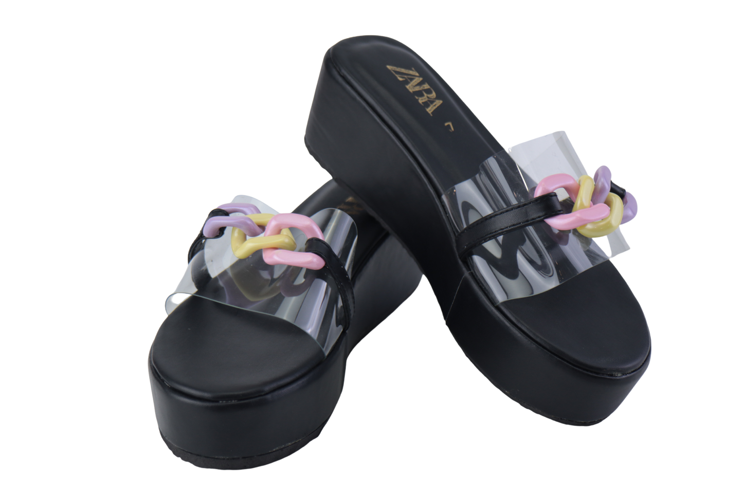 Clear Transparent Wedge Sandals with Pink and Purple Chain Buckle