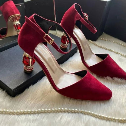 Womens Velvet High Heels Rhinestone Shoes