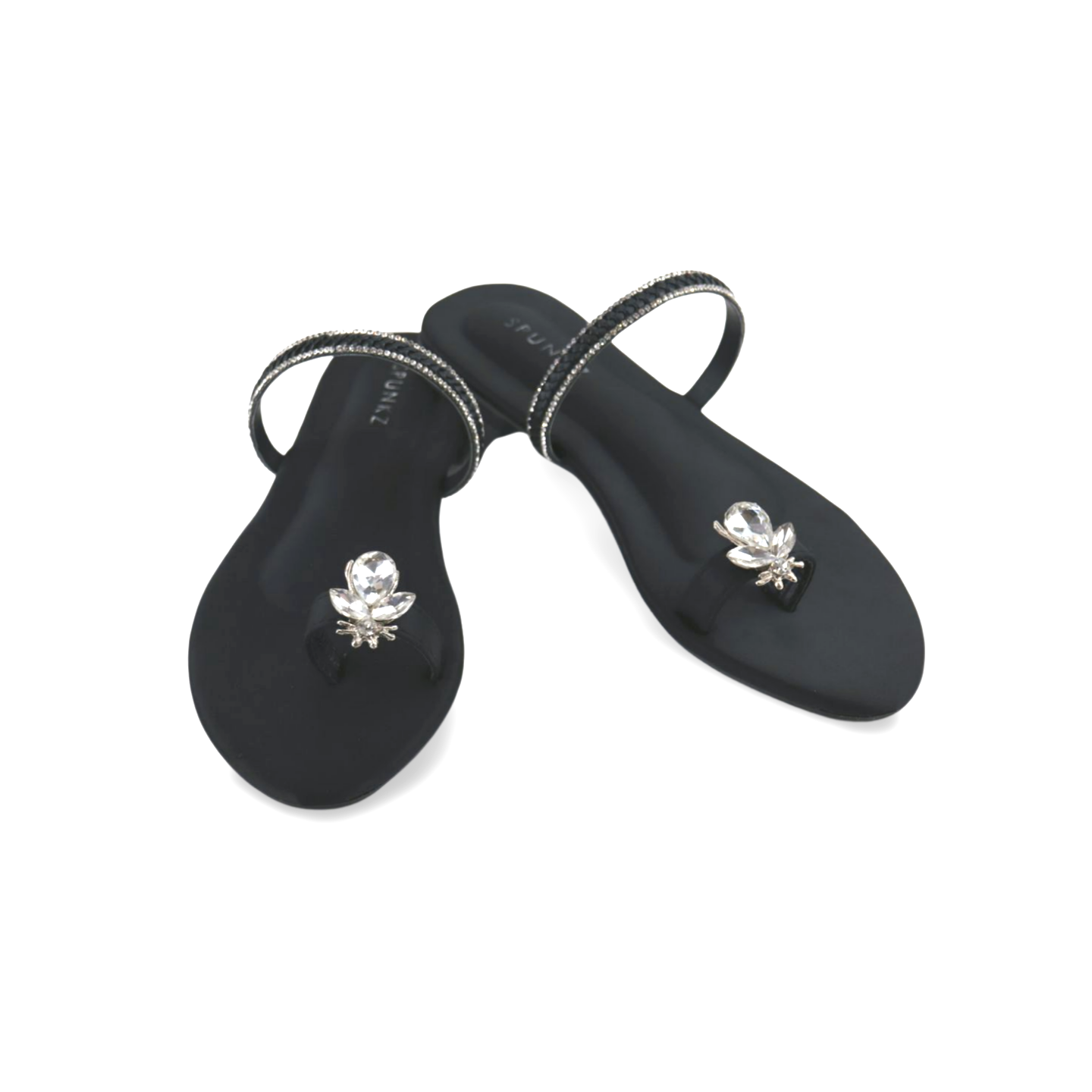 Flat Sandals with Rhinestone Ankle Strap and Honeybee Buckle on Thumb
