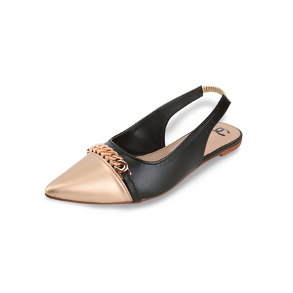 Stylish Black and Gold Pointed Toe Slingback Flats with Chain Detail
