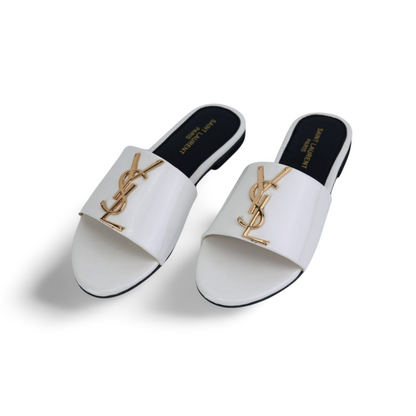 Designer White Sandals with Gold Brand Logo buckle