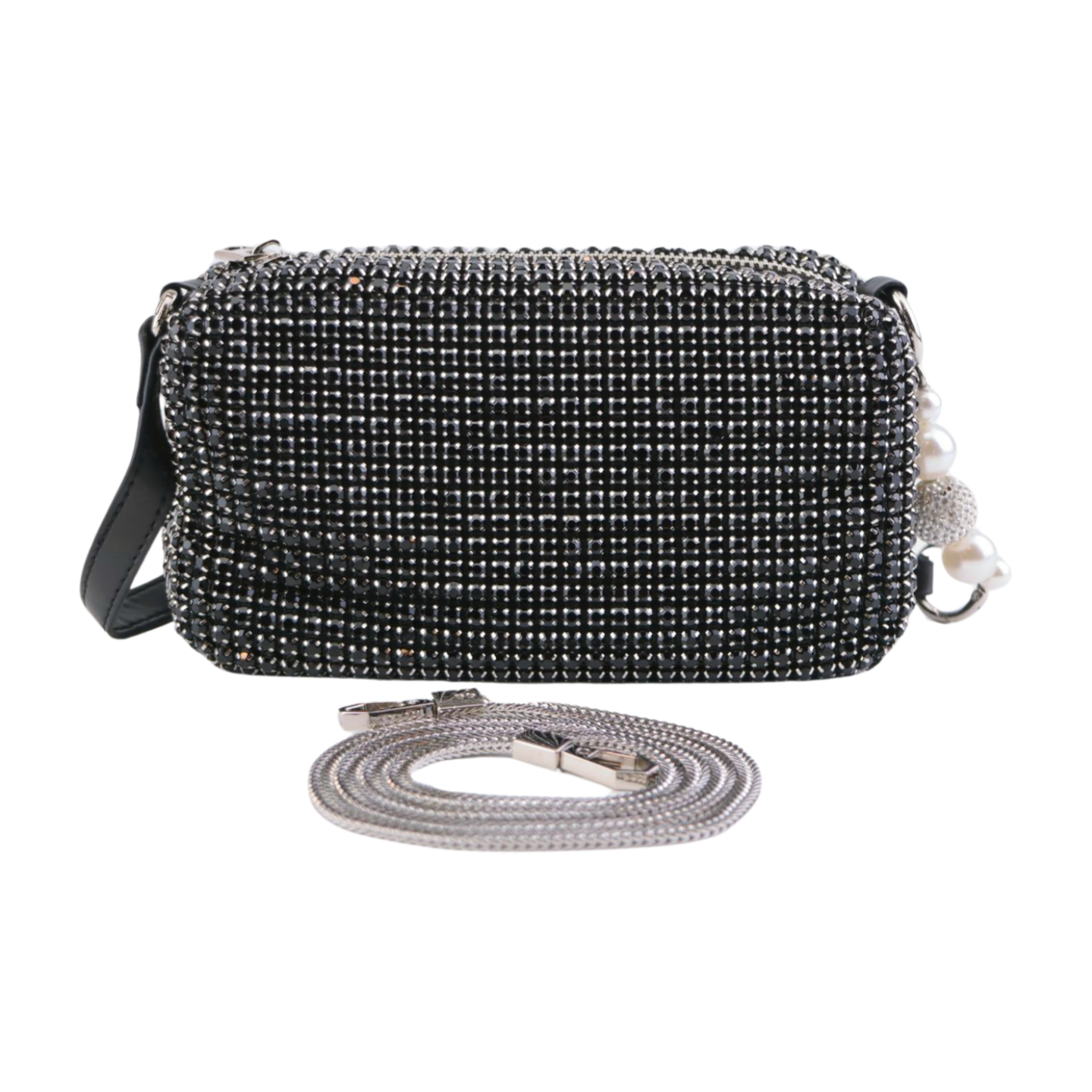 Heiress Pouch, Luxury Women's Diamond Rhinestone Mesh Pearl Handle Silver Stainless Steel Chain Purse