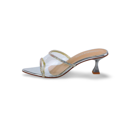 Women's Pointed Toe Clear Transparent Mules Sandals with Double Rhinestone Straps