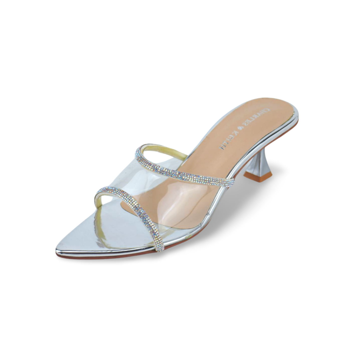 Women's Pointed Toe Clear Transparent Mules Sandals with Double Rhinestone Straps