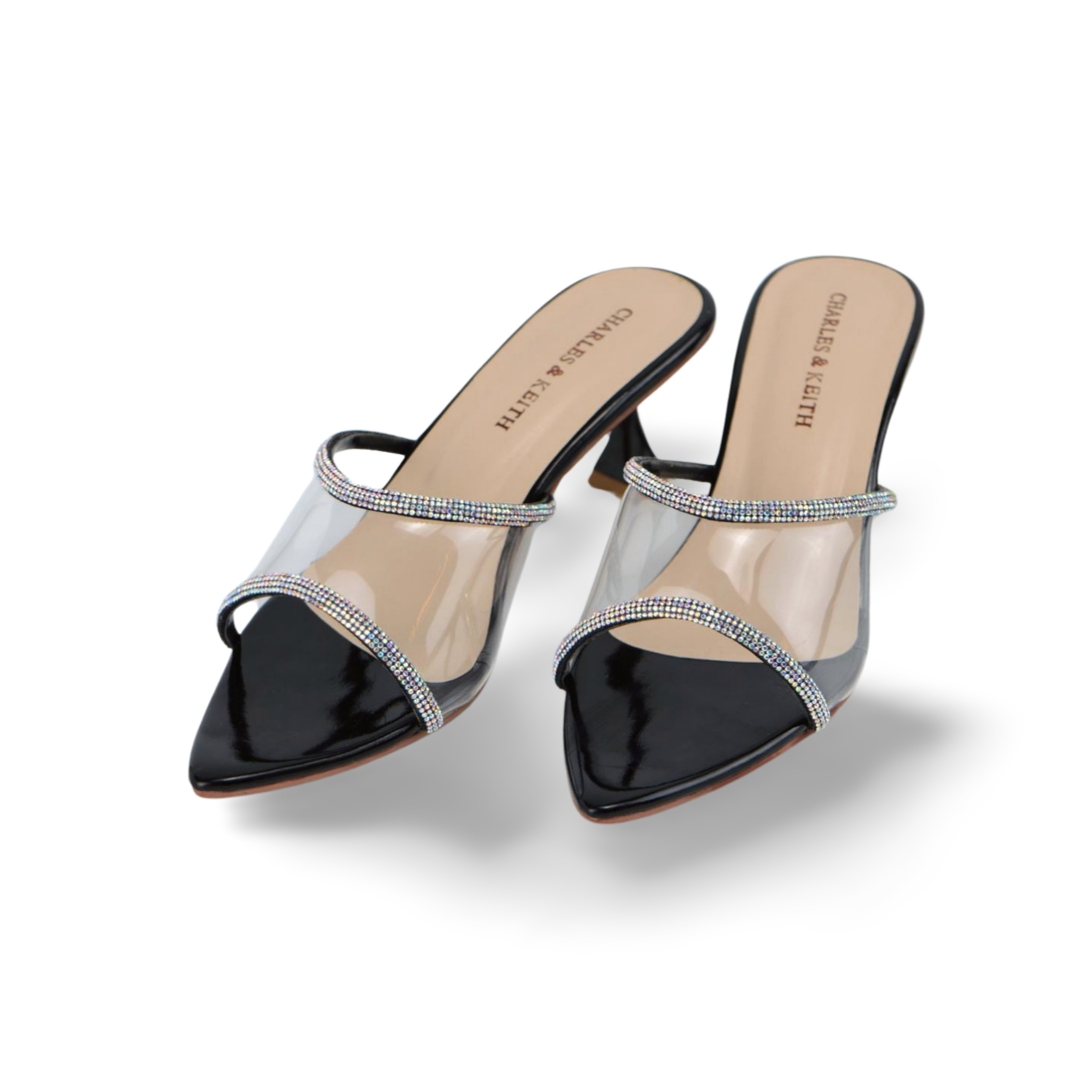 Women's Pointed Toe Clear Transparent Mules Sandals with Double Rhinestone Straps