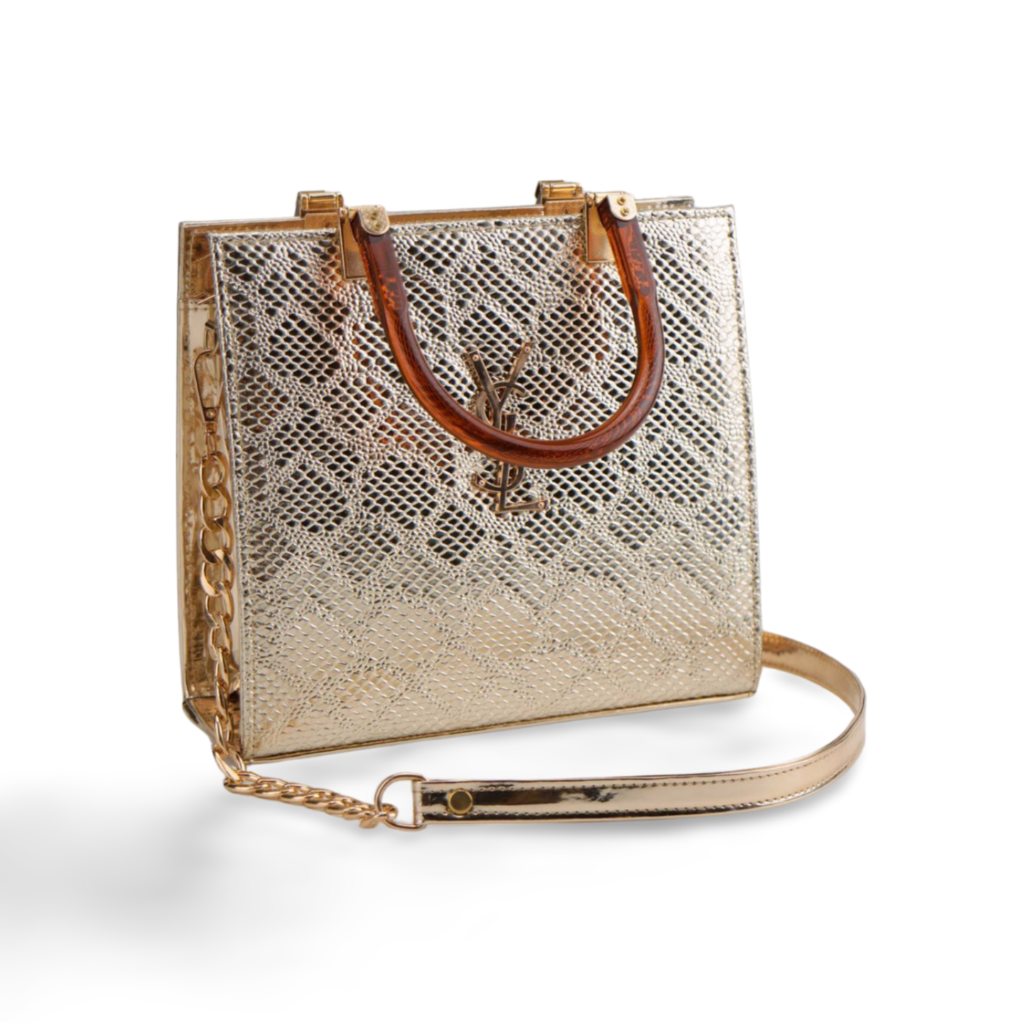 Stylish Crock Skin Handbag with Wooden Style Handles and Chain Strap