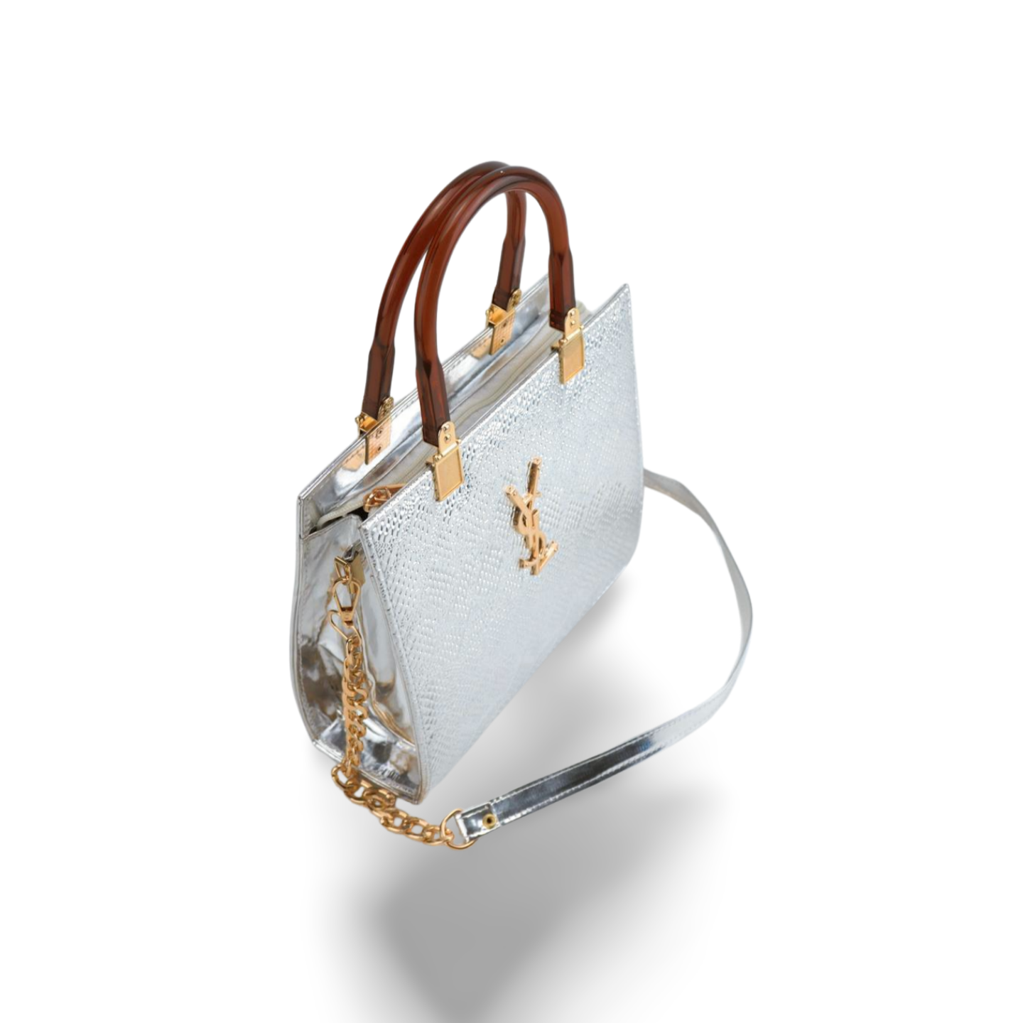 Stylish Crock Skin Handbag with Wooden Style Handles and Chain Strap