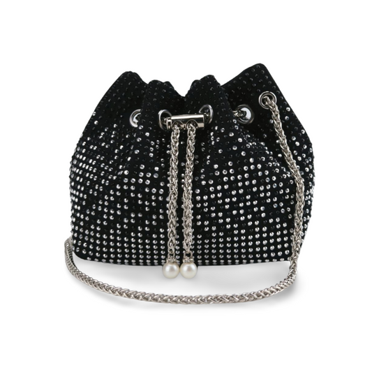 Elegant Bucket Bag With Rhinestones and Pearls With Silver Stainless Steel Chain