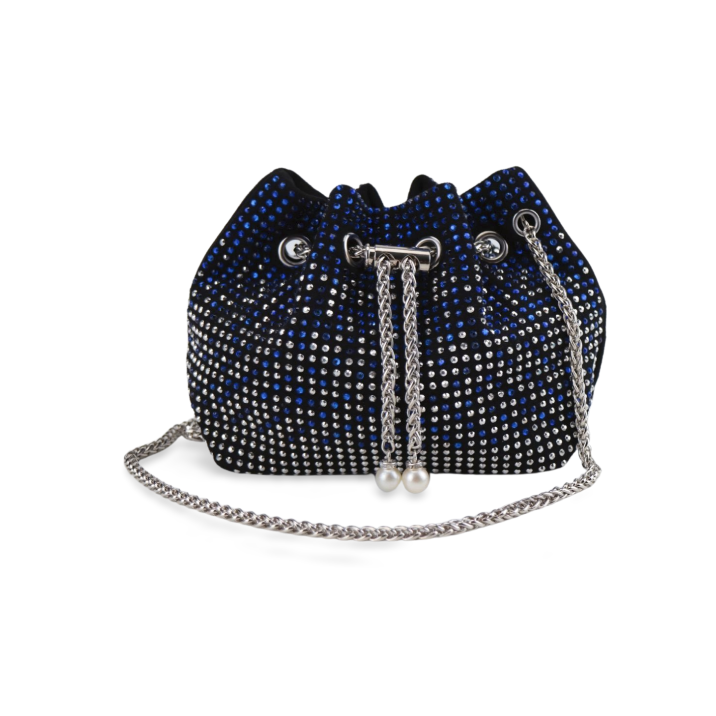 Elegant Bucket Bag With Rhinestones and Pearls With Silver Stainless Steel Chain