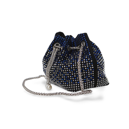 Elegant Bucket Bag With Rhinestones and Pearls With Silver Stainless Steel Chain