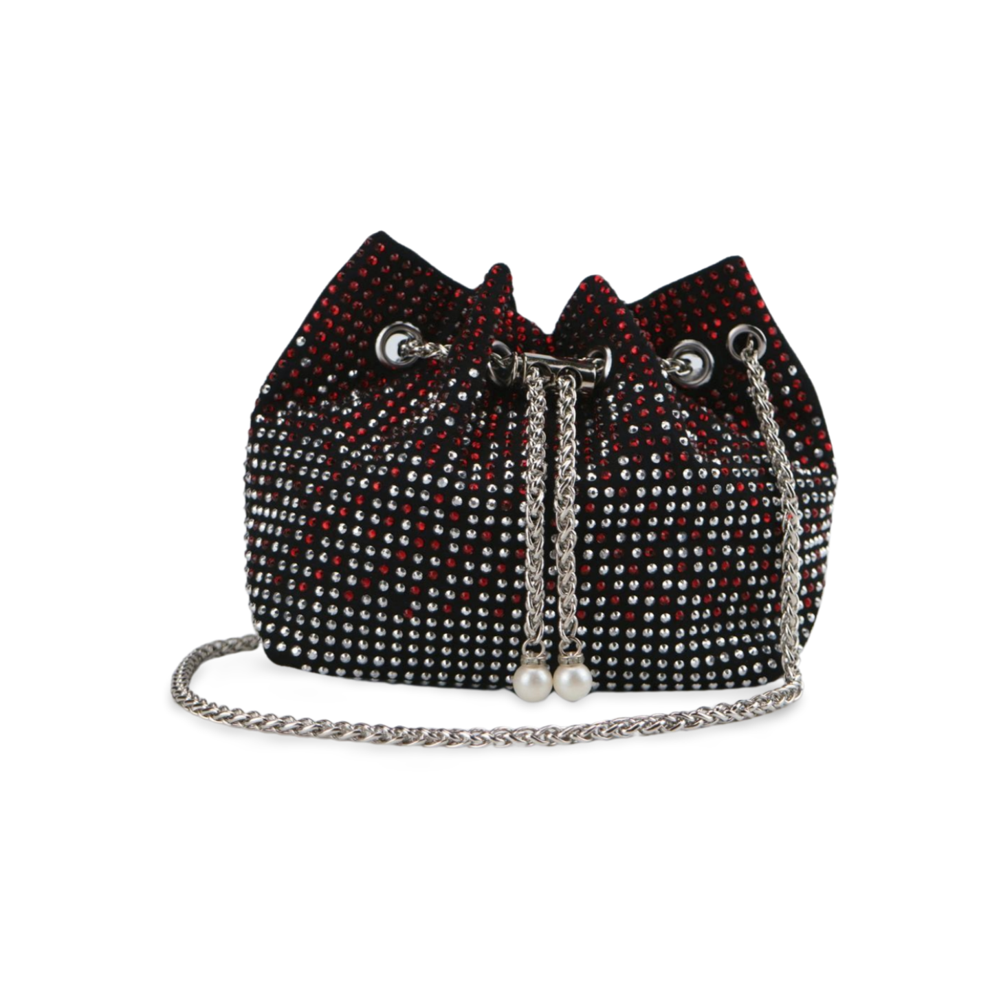 Elegant Bucket Bag With Rhinestones and Pearls With Silver Stainless Steel Chain