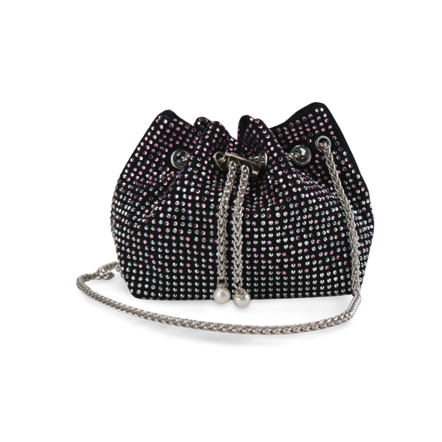 Elegant Bucket Bag With Rhinestones and Pearls With Silver Stainless Steel Chain