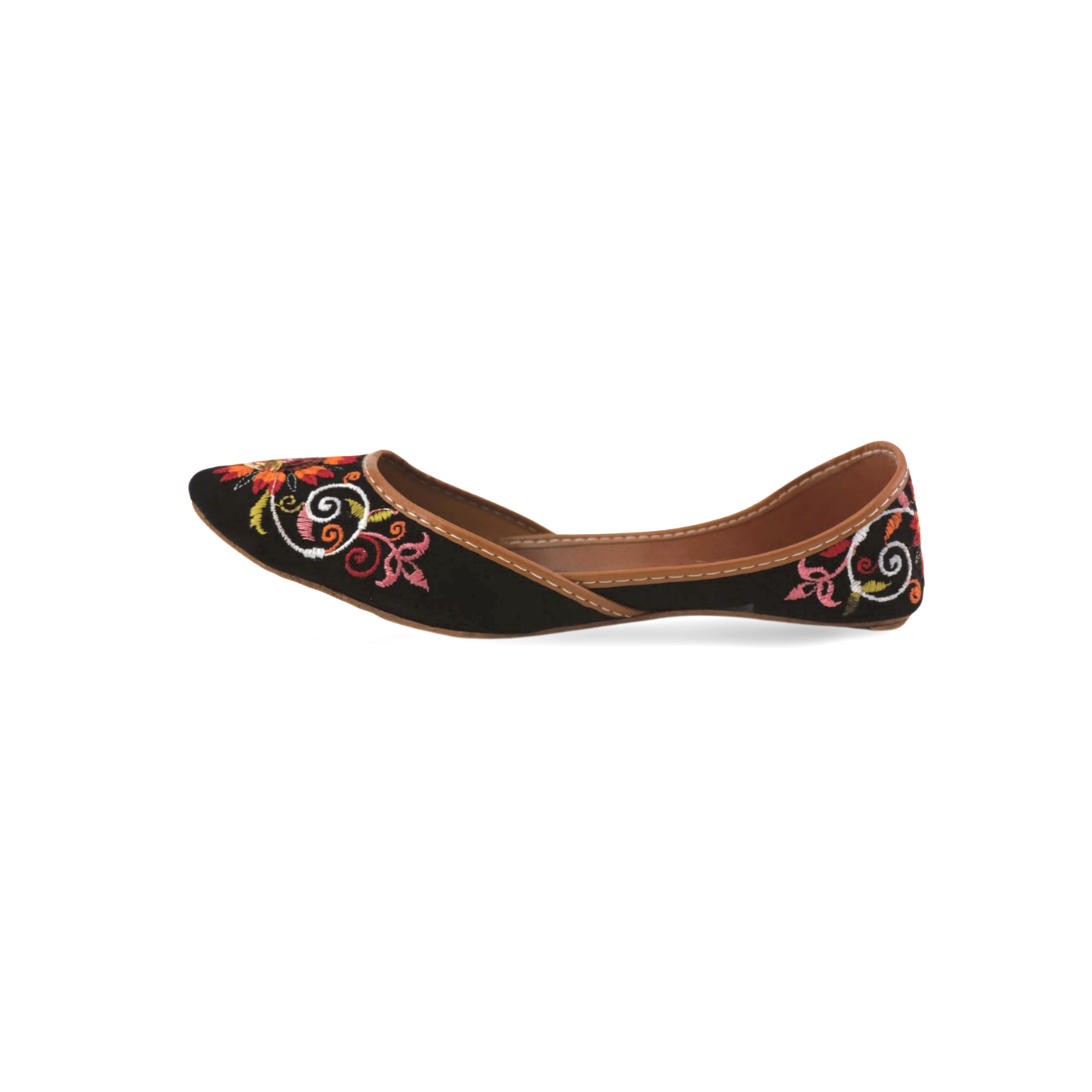 Shahi Punjabi Black Embroidered Khussa Jutti with Floral and Leaf Accents