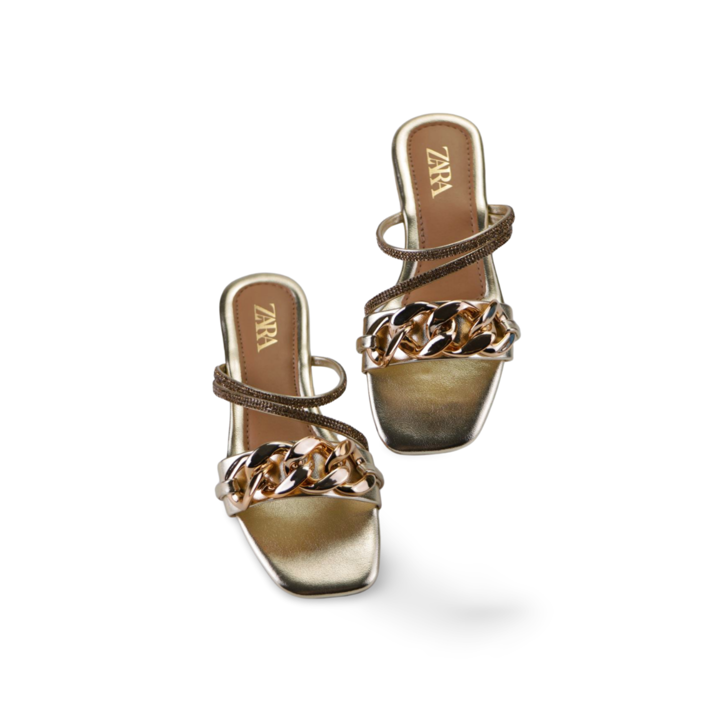 Sparkling Statement Sandals: Flat Heels with Gold Chains and Rhinestones