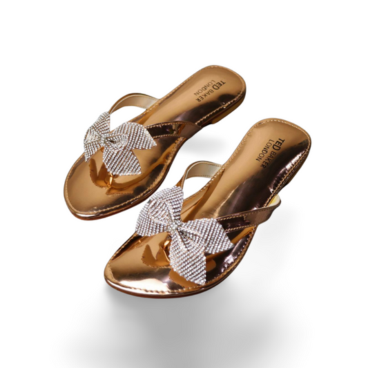 Sparkling Crystal Bow Flat Sandals - Elegant Comfort for Any Occasion