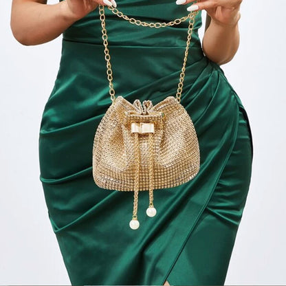 Mini Rhinestone & Faux Pearl Decor Drawstring Design Chain Bucket Bag