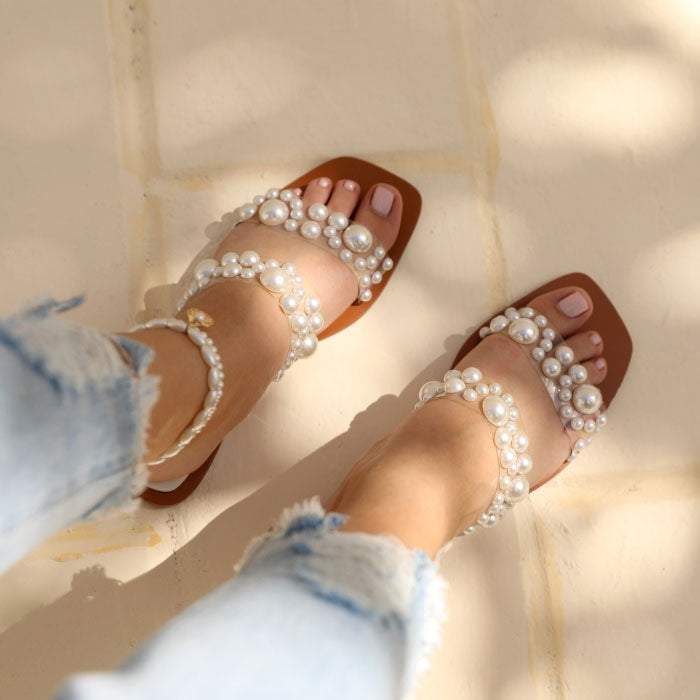 Stylish Pearl Sandal Double Strap Flat Slides for Women