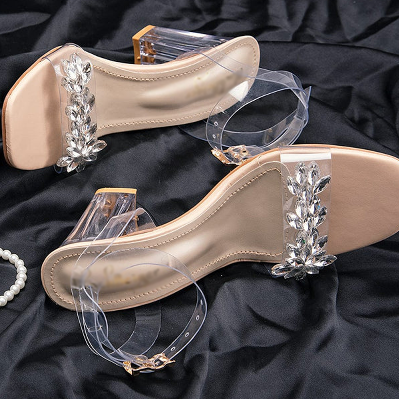 Transparent Stone Strips Clear Vinyl Thick Heels Sandals