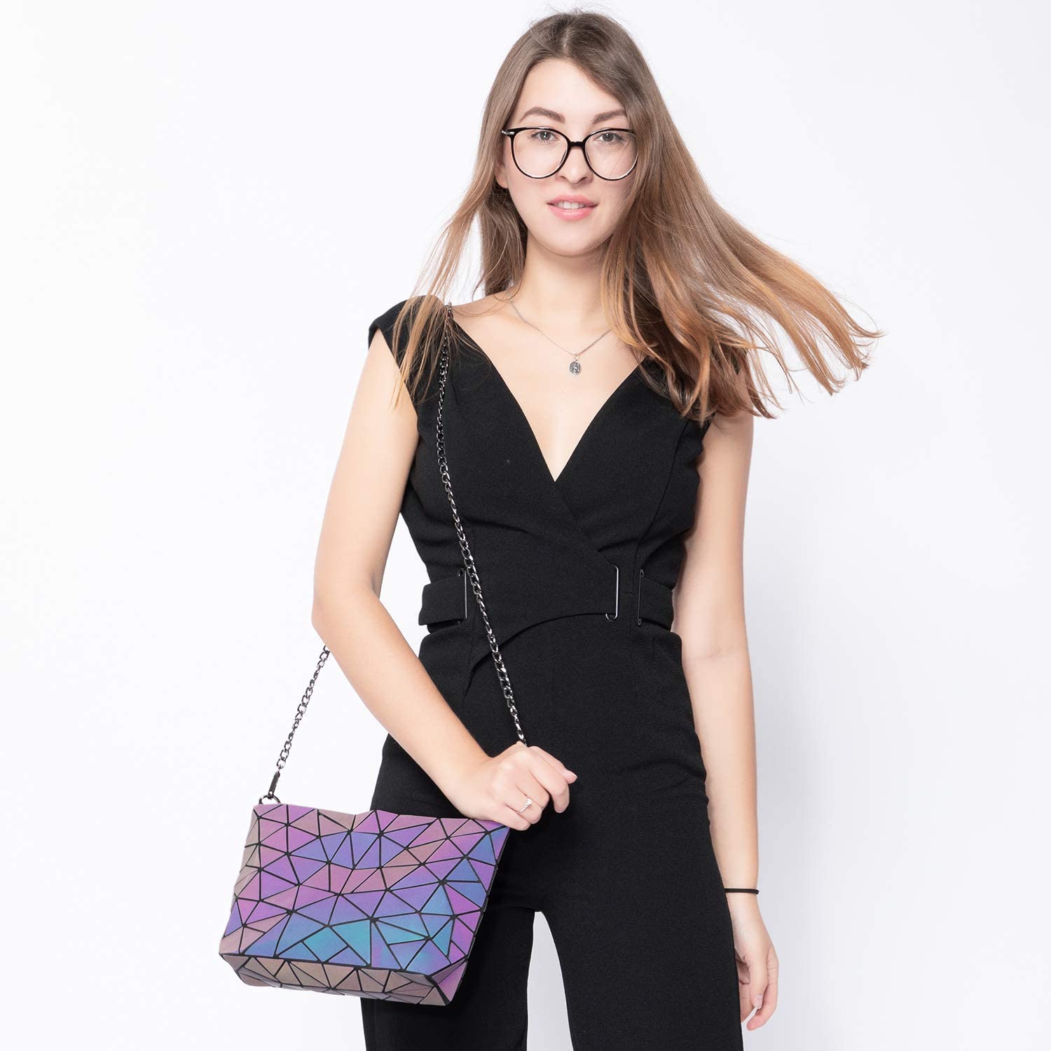 Women Geometric Luminous Purses Handbag Holographic Reflective Crossbody  Bag Wallet Flash Rainbow Tote Bags