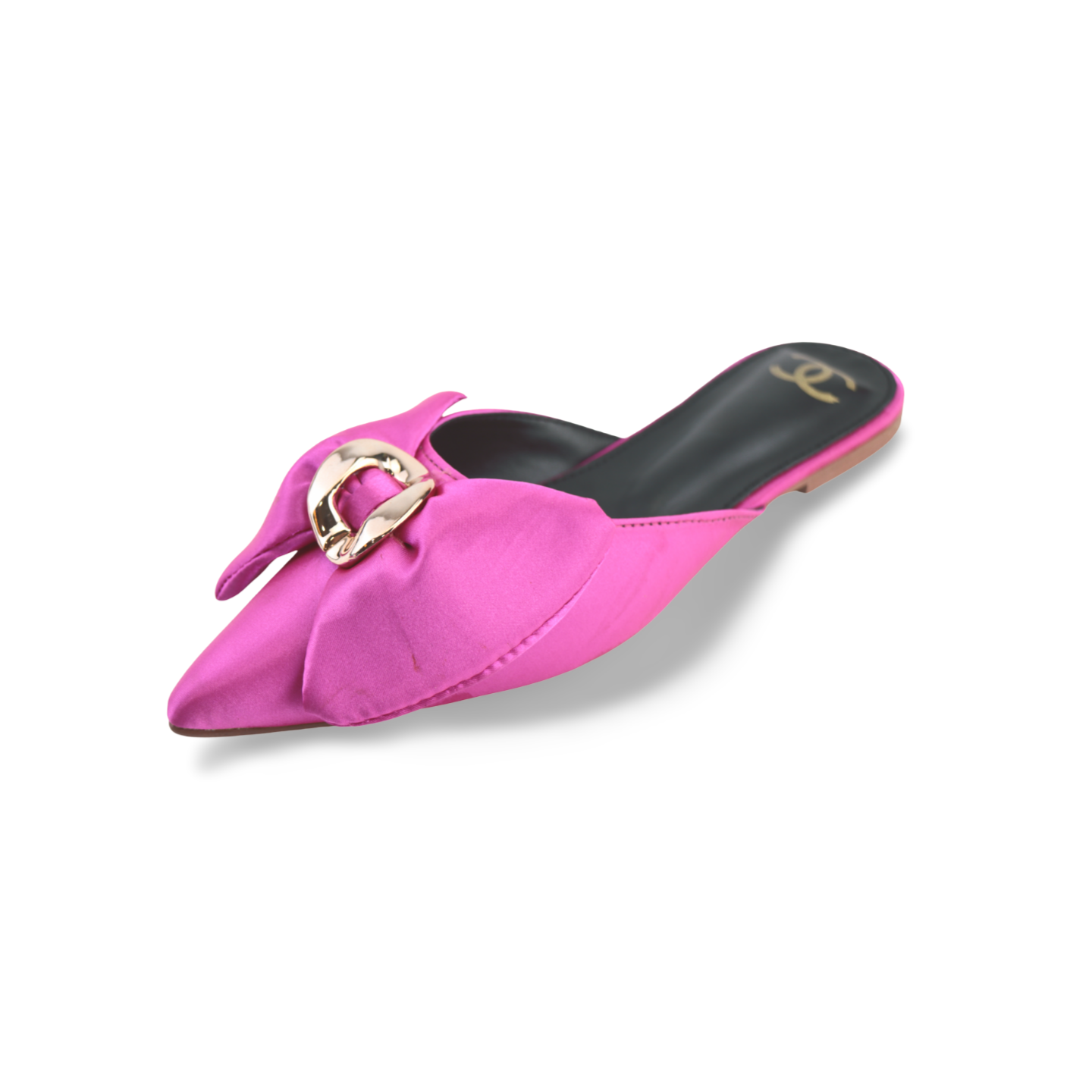 Pink Flat Mules with Gold Buckle and Bow