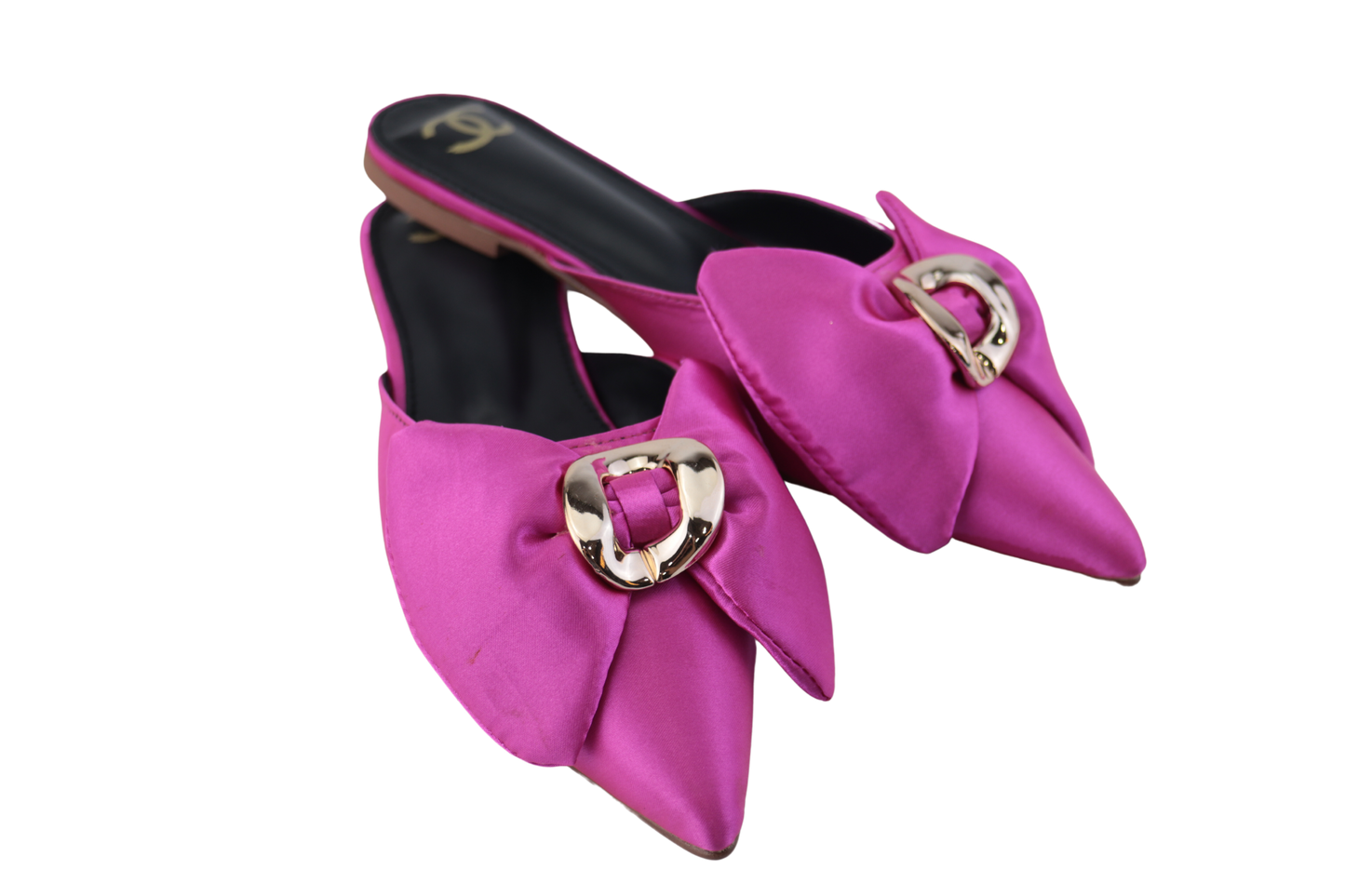 Pink Flat Mules with Gold Buckle and Bow