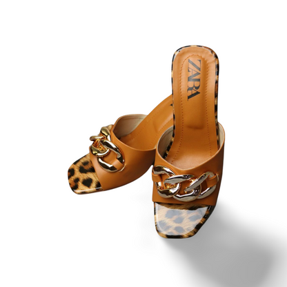 Leopard Print Heel Sandals with Gold Chain Accents