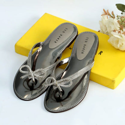 Ladies Sandals With Bow Rhinestone Flat Slides