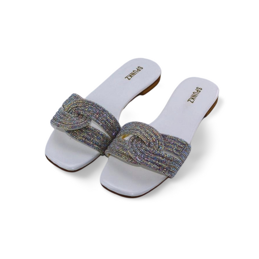 Women's Flat Sandals with Side Knot and Rhinestone Mesh Detail