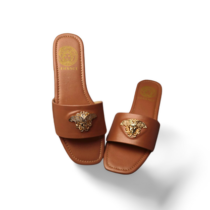 Women's Elegant Flat Sandals with Gold Medusa Embellishment