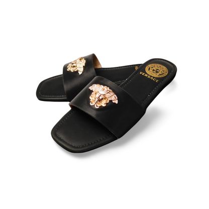 Women's Elegant Flat Sandals with Gold Medusa Embellishment