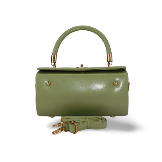 Unique Cylindrical top Handle Handbag with Gold Accents and Detachable Strap