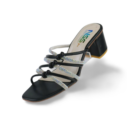 Women's Rhinestone Strappy Heels Blocks, Open Toe Low Heel Chunky Mules Sandals Dress Shoes