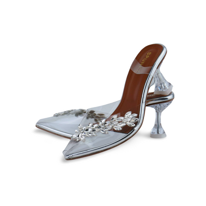 Women’s Transparent Slingback Flower Rhinestone Peep Toe Heels Sandals By Spunkz