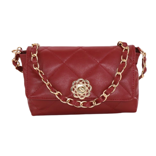 Quilted Faux Leather Purse with Gold Chain and Flower Detail