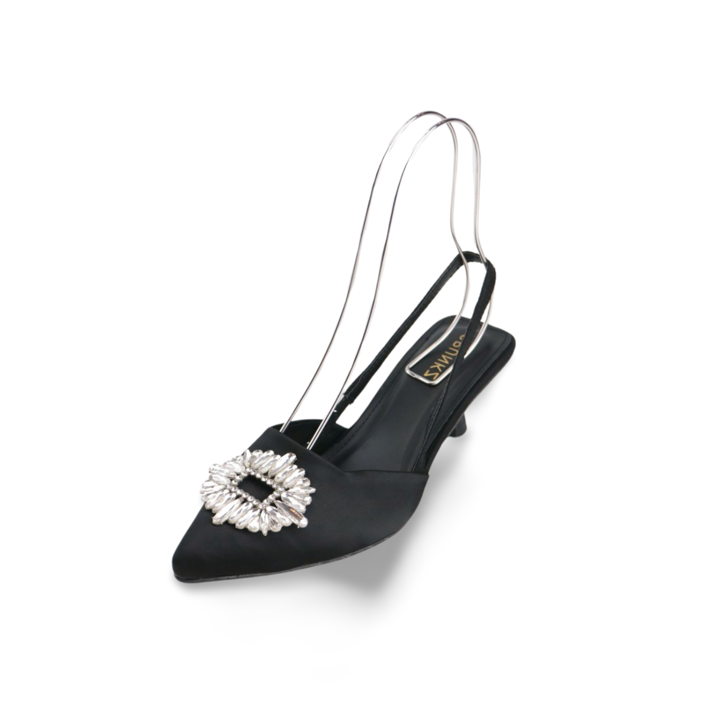 SPUNKZ  Black Satin Rhinestone Buckle Stiletto Heels - Elegant and Dazzling for Any Occasion