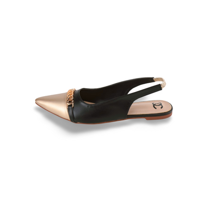 Stylish Black and Gold Pointed Toe Slingback Flats with Chain Detail