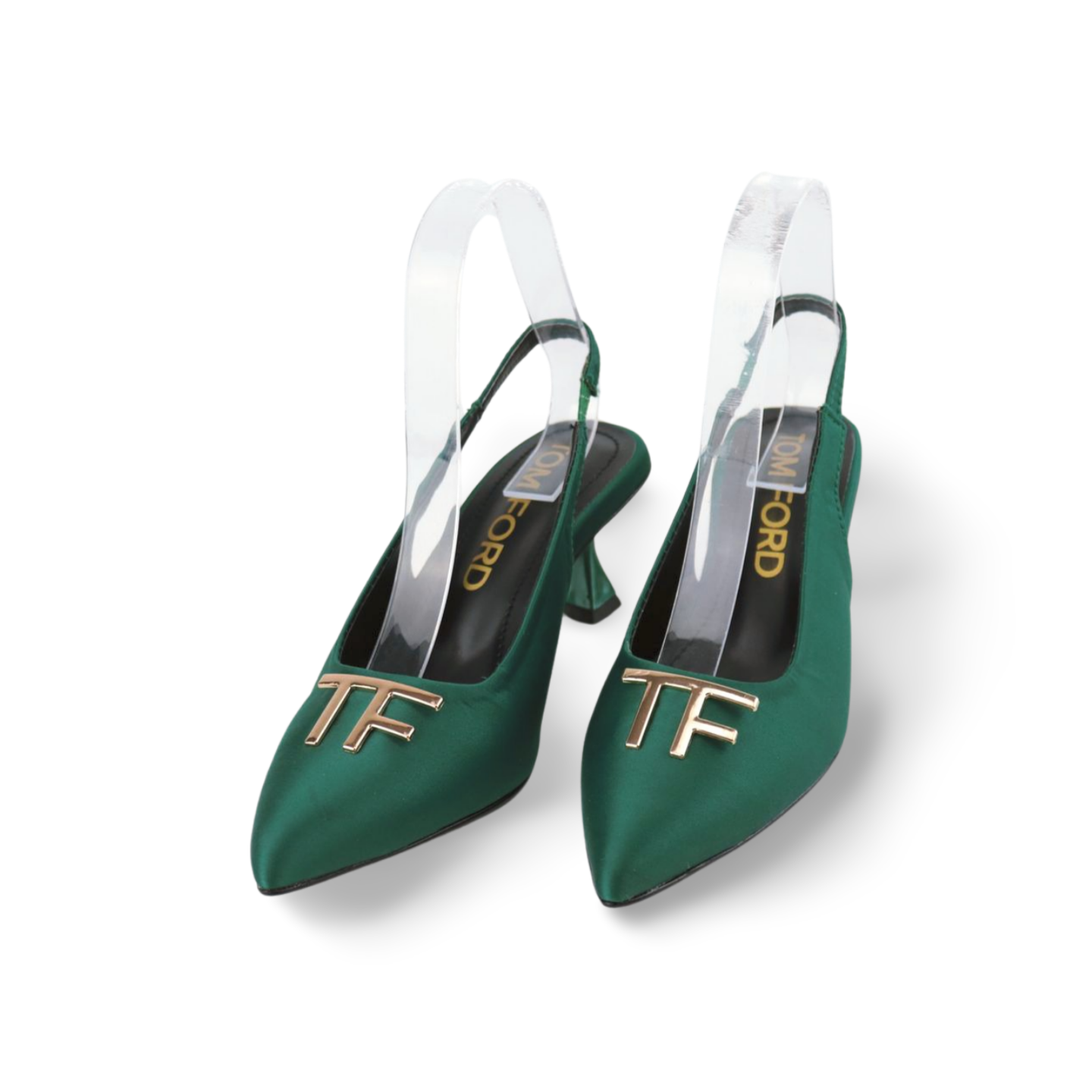 Purple and Green Satin Slingback Heels with Gold T-Logo Buckle