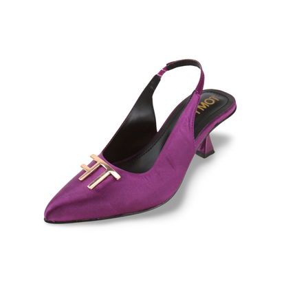 Purple and Green Satin Slingback Heels with Gold T-Logo Buckle