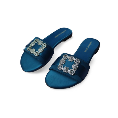 Satin Diamond Buckle Mid Heel Flat Women Sandal