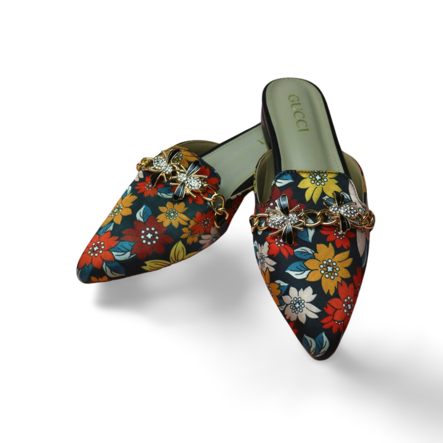 Floral Mules with Rhinestone Bee Embellishment