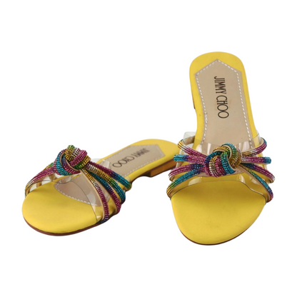 Women's Transparent Flat Sandals with Colorful Rhinestone Mesh Straps