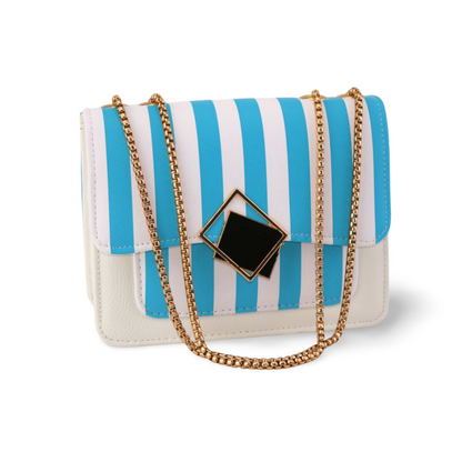 Stylish Striped Purse with Gold Chain and Black Square Pendant