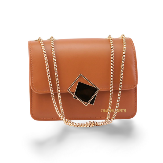 Charles And Keith Crossbody Bag with Gold Chain and Square Buckle
