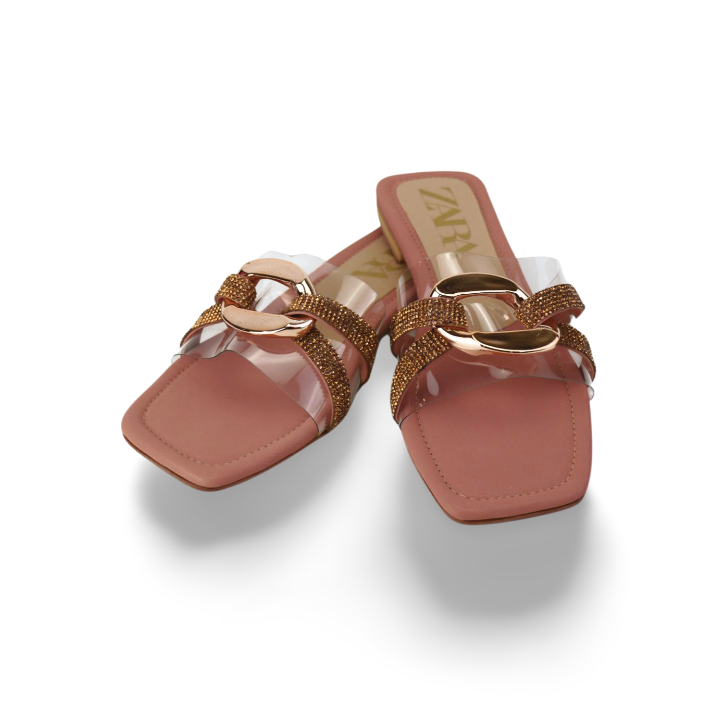 Women's Pink Flat Sandals with Clear Strap and Gold Chain Buckle
