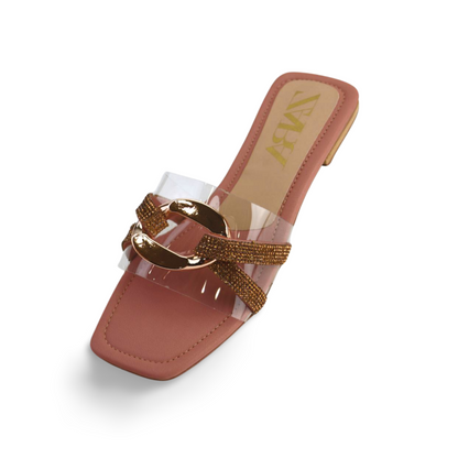 Women's Pink Flat Sandals with Clear Strap and Gold Chain Buckle