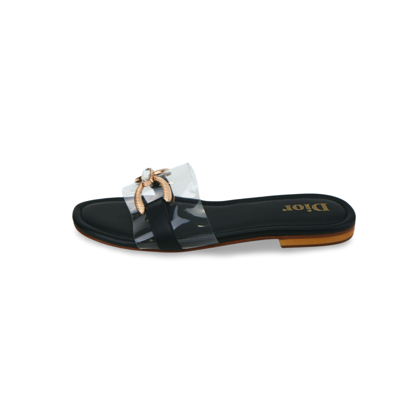 Flat Sandals with Transparent Clear Strap and Rhinestone Gold Chain Buckle