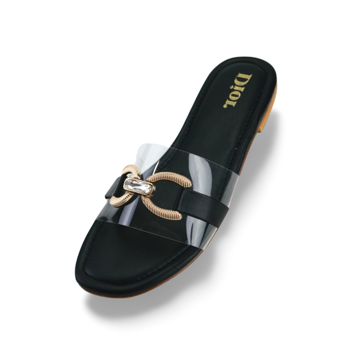 Flat Sandals with Transparent Clear Strap and Rhinestone Gold Chain Buckle