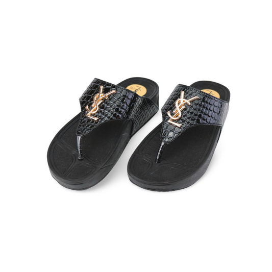 Saint Laurent Black Flip Flop Wedge Sandals with Gold YSL Logo
