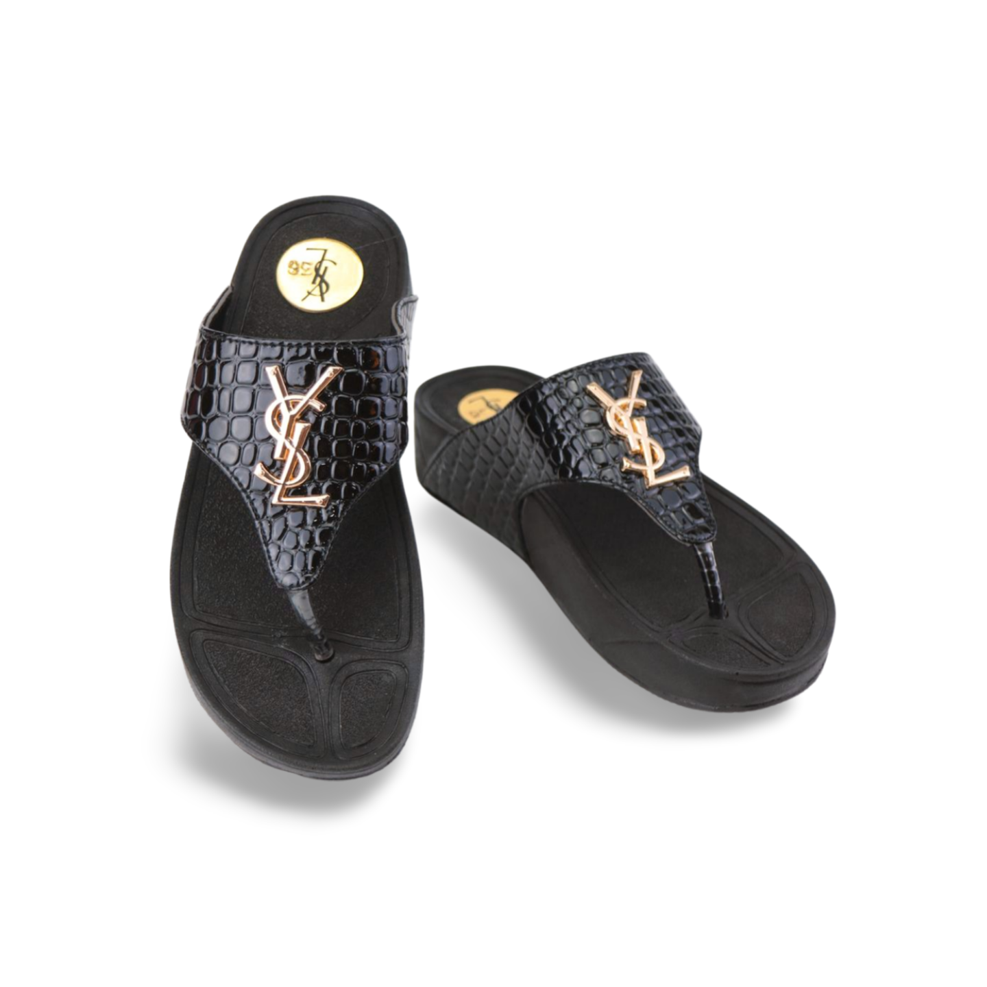 Women's Black Flip Flop Wedge Sandals with Gold YSL Logo