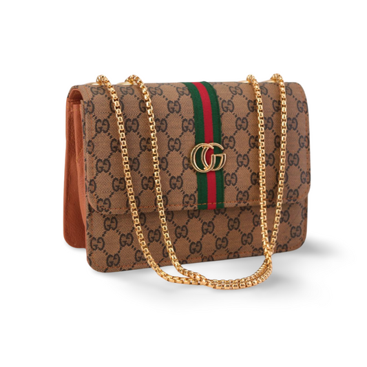 Gucci Crossbody Purse with Gold Chain and Green and Red Stripe